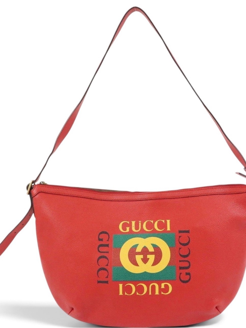 Gucci Red Logo Leather Hobo Bag with Green and Yellow Accents